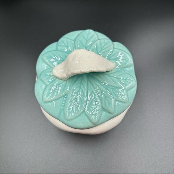 Hoenig of California Mid Century Ceramic Apple Lidded Bowl White and Turquoise - Picture 3 of 13